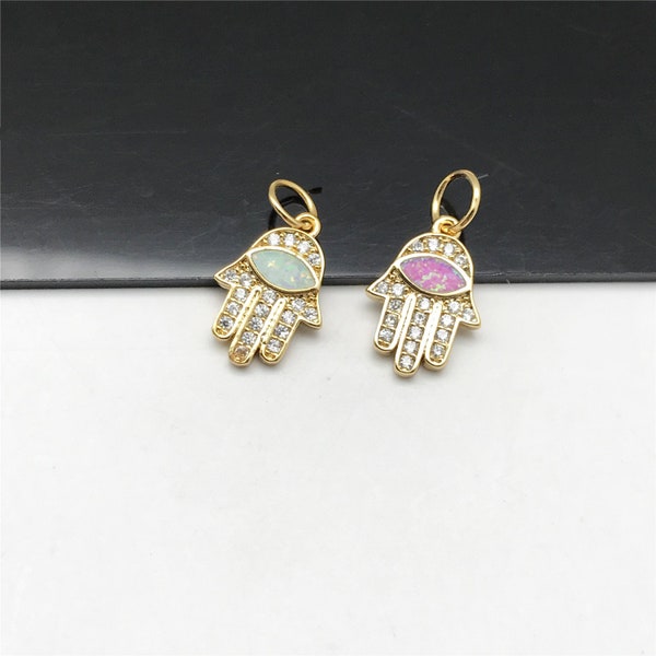 2 Stück Gold Hamsa Hand Opal Charms,Evil Eye,CZ Micro Pave Charm,Weiß Pink 15x10mm