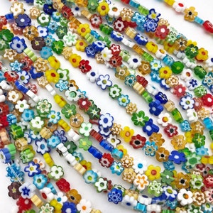 Millefiori Glass Flower Flat Round Beads ,8mm Handmade Millefiori Glass ,Mixed Color Flower Beads Full Strand
