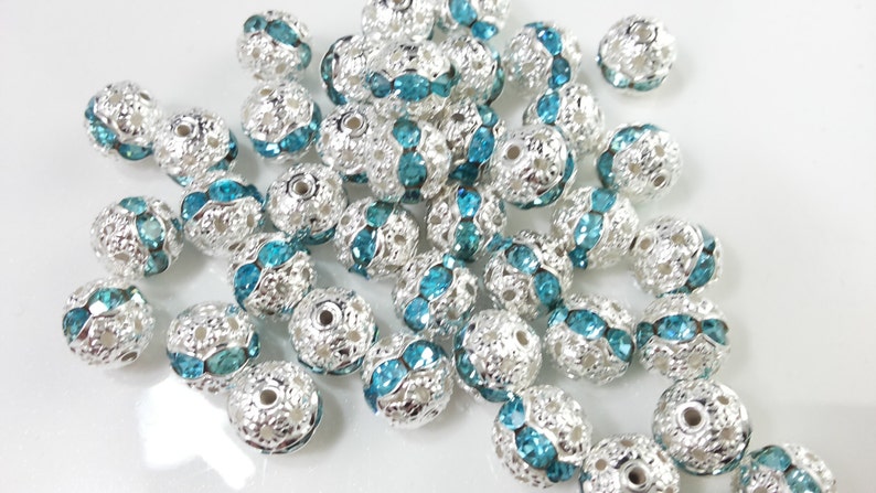 50 pcs 8mm Blue Rhinestone Crystal Diamonte Beads,Silver Plated Round Beads, Spacer Beads image 1