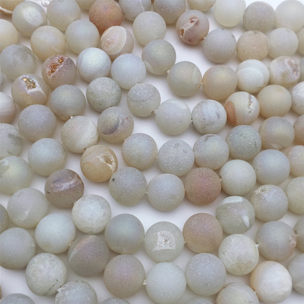 Perles rondes Druzy Agate , perles blanches d’Agate, perles de pierre gemme mate 6mm 8mm 10mm 12mm Full Strand