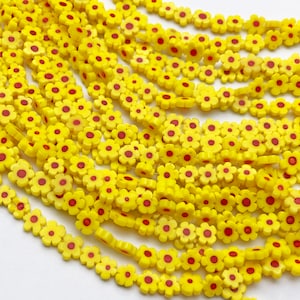 Millefiori Glass Flat Round Beads ,8mm Handmade Millefiori Glass ,Yellow Flower Beads Full Strand