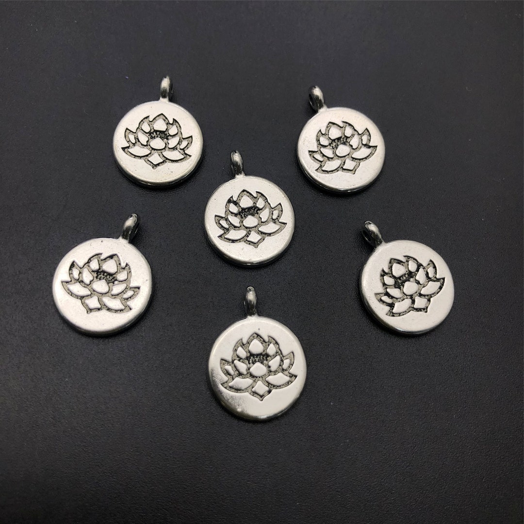 Bulk 40pcs Double Sided Lotus Flower Charms, Antique Silver Lotus