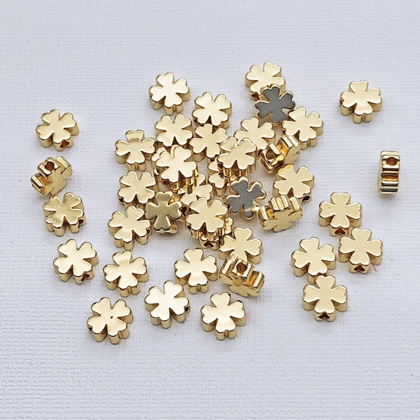 30pcs Gold Plated Brass Spacer Beads,7mm Four Leaf Clover Bead ,Good Lucky Clover Charms Wholesale Jewelry Findings