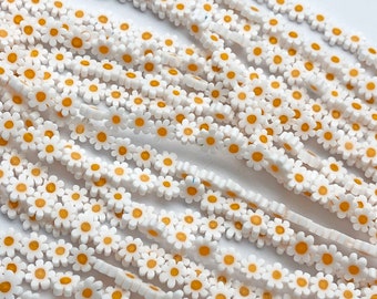 Millefiori Glass Flower Flat Round Beads ,8mm Handmade Millefiori Glass , White Flower Beads Full Strand