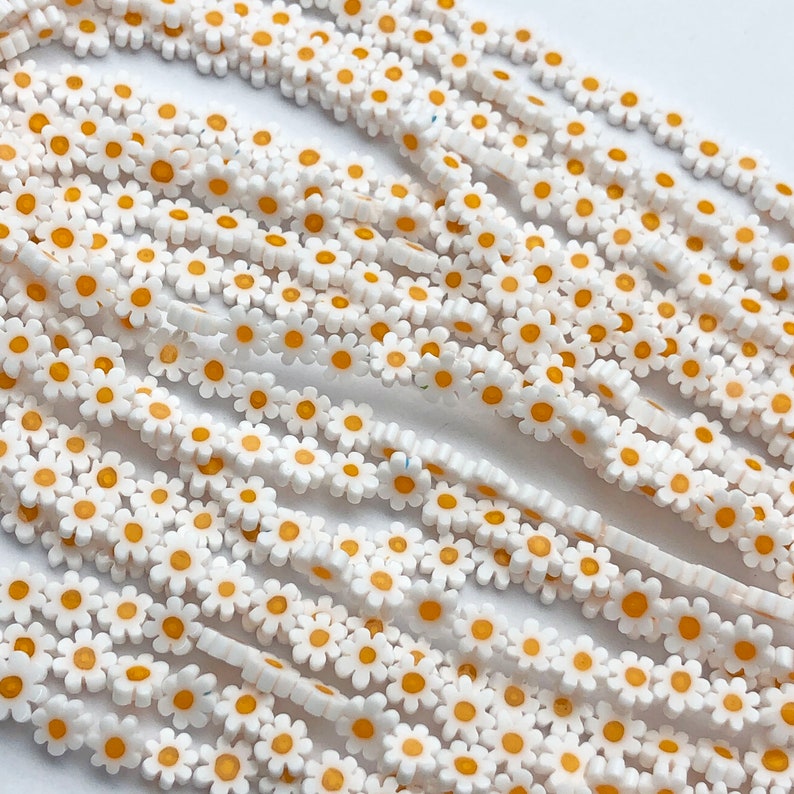 Millefiori Glass Flower Flat Round Beads ,8mm Handmade Millefiori Glass , White Flower Beads Full Strand image 1