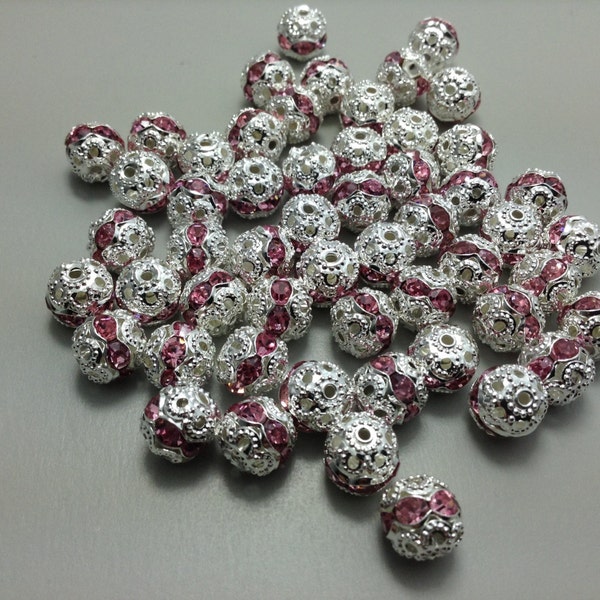 50 pcs 8mm strass cristal Diamonte, perles en argent plaqué rond, entretoise Beads(baby pink)