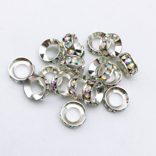 20 pcs Rhinestone Crystal Spacer Beads, Silver Plated 10mm Spacer Rondelle Beads ,Jewelry Findings