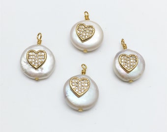 3pcs Freshwater Pearl Charms ,CZ Micro Pave Charm ,Gold Hear Charm,Brass Pendants