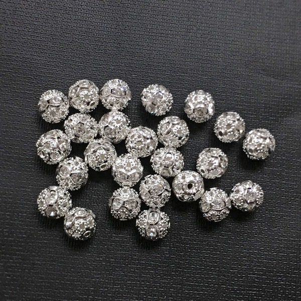 50 pcs 8mm Strass Cristal Diamonte Perles, Perles rondes plaquées argent, Perles d’espacement