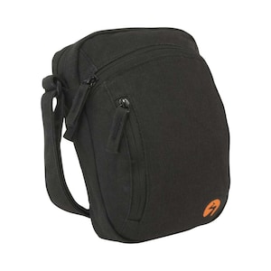 May include: Black crossbody bag with a zippered main compartment and a smaller front zippered pocket. The bag has an adjustable shoulder strap and a small orange logo on the lower right corner. The bag is made of a durable fabric.