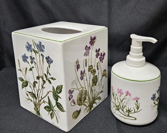 Bernarda Portugal Bath Set Tissue Box Cover and Soap Dispenser Porcelain Wildflowers Botanical
