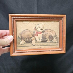 1940s Wall Art by Atlas Embossed Picture Co. "Susie" Kitten & Puppies | Vintage 3D Lithograph Framed Decor