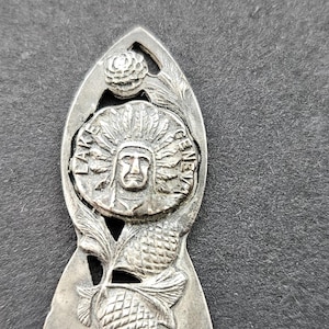 May include: A silver-toned metal spoon handle featuring an embossed circular medallion of a person wearing a feathered headdress with the text LAKE GENEVA. The handle is decorated with detailed pinecone and needle motifs in a relief design.