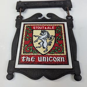 Vintage Cast Iron Tavern Pub Sign Trivet Tile Stout & Ale The Unicorn