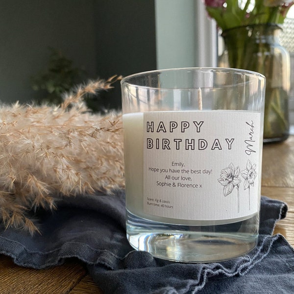 Happy Birthday Hand-Poured Personalised Vegan Soy-Wax Birth Flower Candle Gift