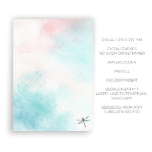 Peut inclure: Un fond aquarelle avec une libellule dans le coin inf&eacute;rieur droit. Le papier est extra fort, papier offset 120 g/m&sup2;, et convient aux imprimantes laser et &agrave; jet d'encre. Le papier est certifi&eacute; FSC et est imprim&eacute; recto verso.