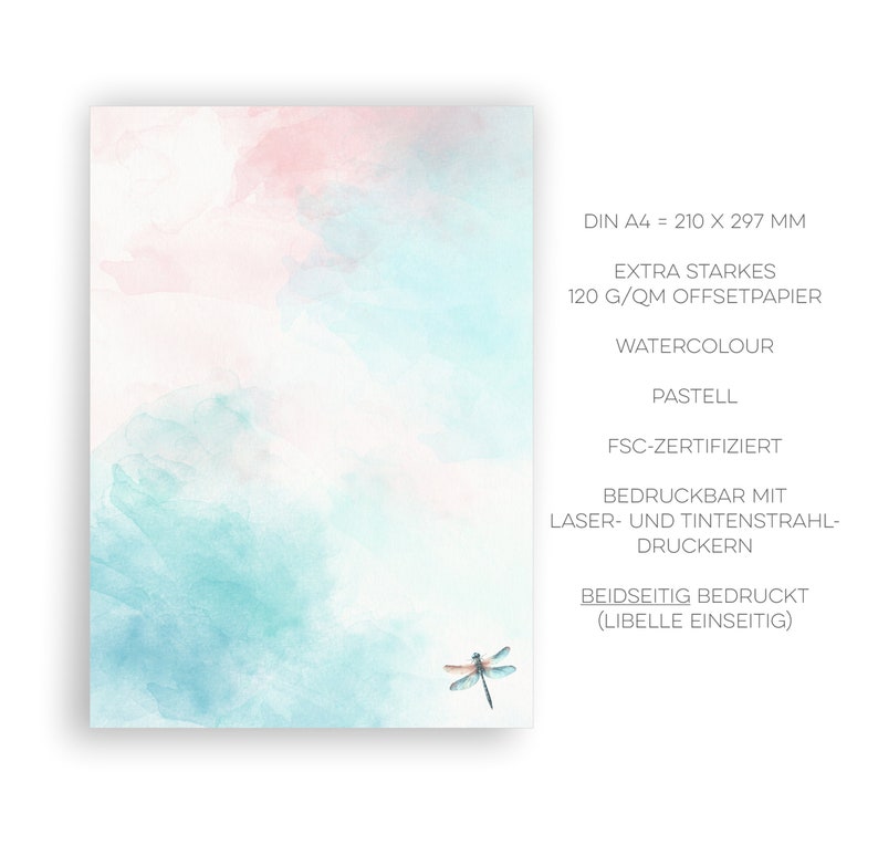 Peut inclure: Un fond aquarelle avec une libellule dans le coin inf&eacute;rieur droit. Le papier est extra fort, papier offset 120 g/m&sup2;, et convient aux imprimantes laser et &agrave; jet d'encre. Le papier est certifi&eacute; FSC et est imprim&eacute; recto verso.