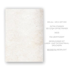 May include: White paper with the text "DIN A4 = 210 x 297 MM", "EXTRA STARKES", "120 G/QM OFFSETPAPIER", "WEIB", "FSC-ZERTIFIZIERT", "BEDRUCKBAR MIT", "LASER- UND TINTENSTRAHL-DRUCKERN", and "BEIDSEITIG BEDRUCKT".