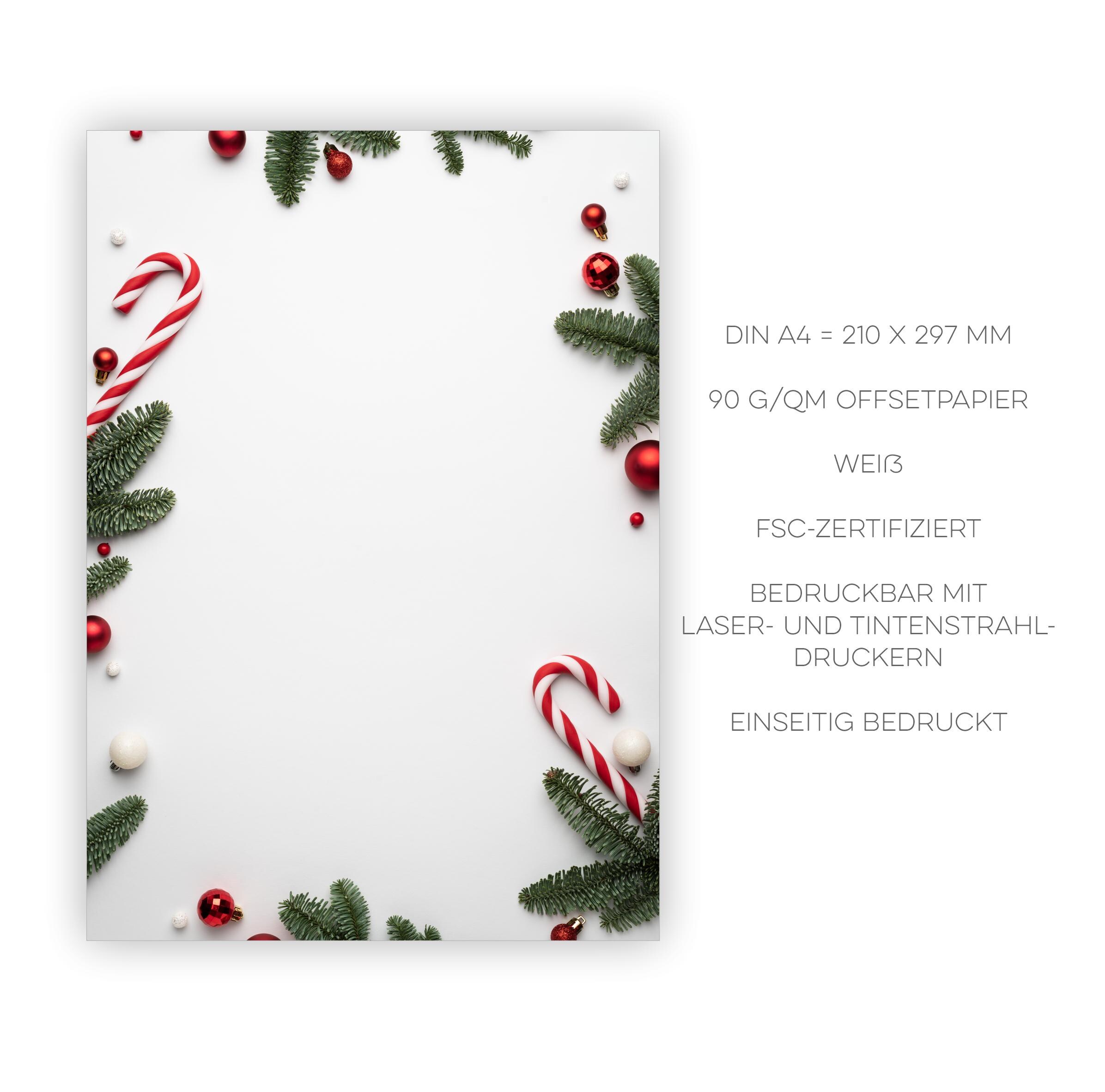 Briefpapier-Set „Zuckerstange“ – 100 Blatt DIN A4 & Briefumschläge, Weihnachtlich Bedruckt