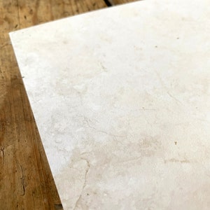 May include: A close-up of a light beige tile with a subtle marbled pattern. The tile has a smooth, slightly textured surface.