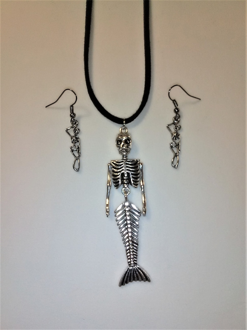 Skeleton Jewelry,Halloween Jewelry,Halloween Costume Jewelry,Gothic Jewelry,Skeleton Pendant,MermaidPendant,Skeleton Earrings,Silver Jewelry