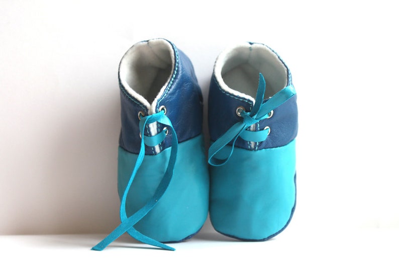 3-6 Months Slippers / Baby Shoes Lamb Leather Blue image 2