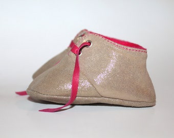 3-6 Months Slippers / Baby Shoes Lamb Leather  Glitter Dore Golden Pink