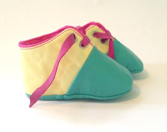 3 - 6  Months Slippers / Baby Shoes Lamb Leather Green Yellow Pink