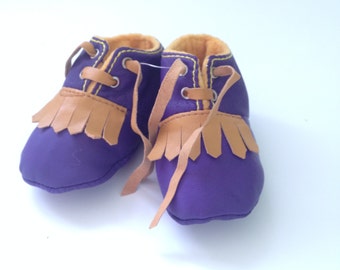 3-6 Months Slippers / Baby Shoes Lamb Leather Purple Mustard