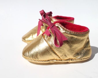 12-18 Months Slippers / Baby Shoes Lamb Leather Glitter Dore Golden Pink