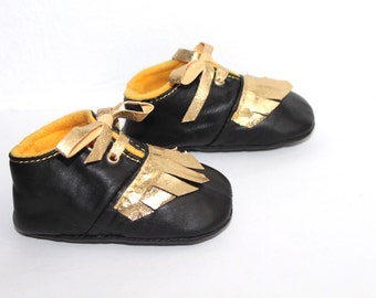 3 - 6 Months Slippers / Baby Shoes Lamb Leather OwO SHOES Black GOLD