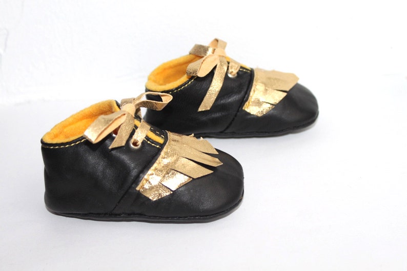 3 6 Months Slippers / Baby Shoes Lamb Leather OwO SHOES Black GOLD image 1