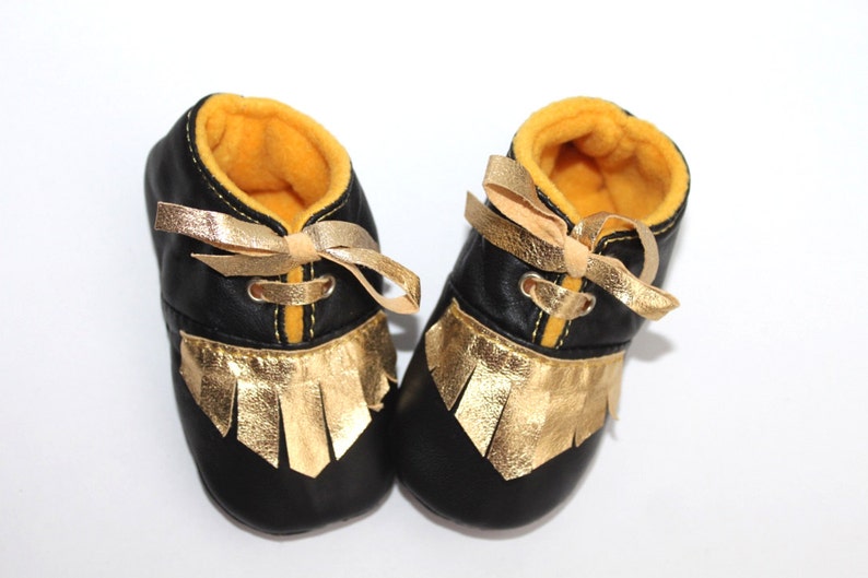 3 6 Months Slippers / Baby Shoes Lamb Leather OwO SHOES Black GOLD image 3