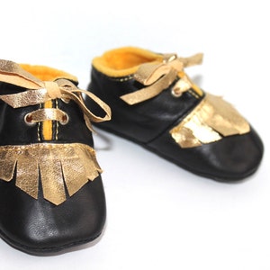 3 6 Months Slippers / Baby Shoes Lamb Leather OwO SHOES Black GOLD image 2