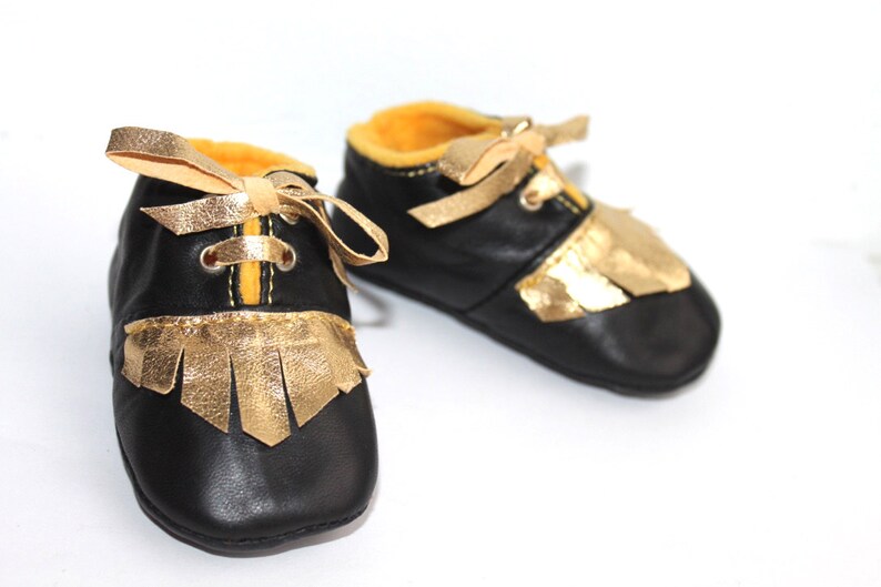 3 6 Months Slippers / Baby Shoes Lamb Leather OwO SHOES Black GOLD image 2