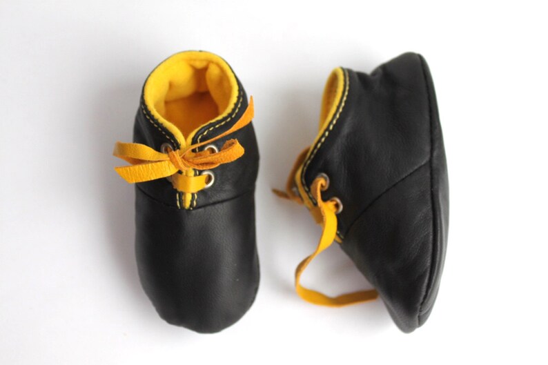 3 6 Months Slippers / Baby Shoes Lamb Leather OwO SHOES Black Yellow image 3