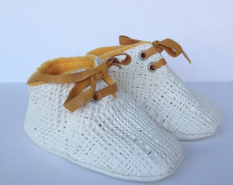 2-3 ans Slippers / Baby Shoes Lamb Leather White Mustard