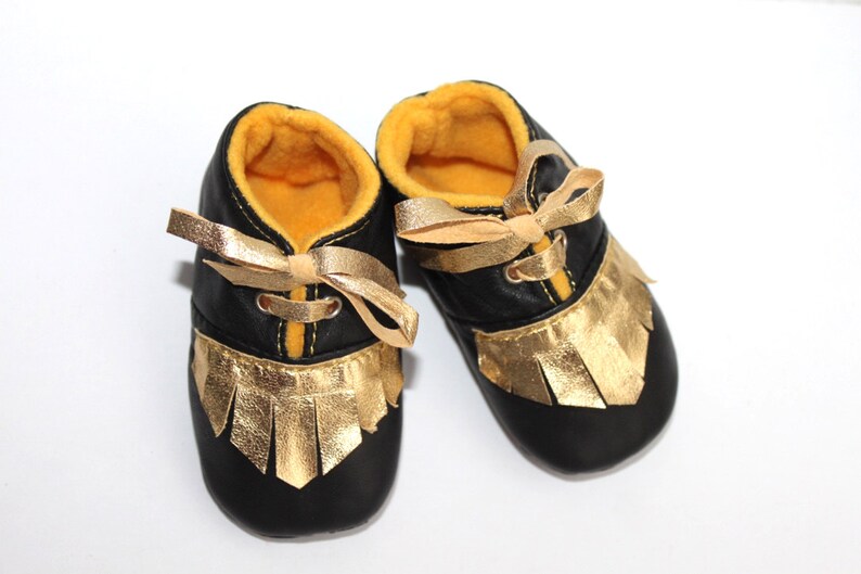 3 6 Months Slippers / Baby Shoes Lamb Leather OwO SHOES Black GOLD image 4