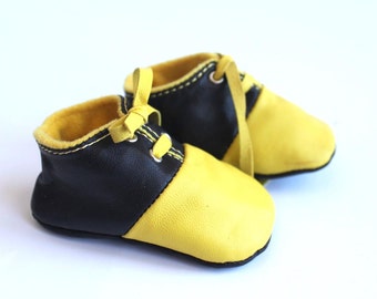 3-6 Months Slippers / Baby Shoes Lamb Leather Yellow and Black