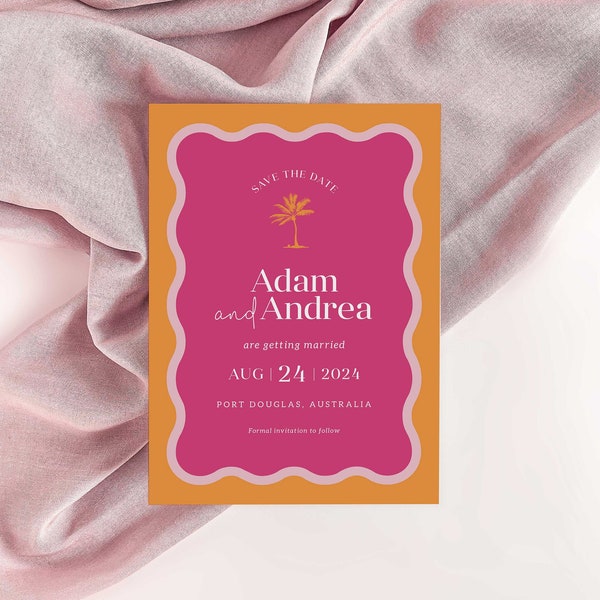 Bright Save the Date, Palm tree, Destination Wedding invite, Wavy Invite, Save the Date invite, Announcement Card, Save the Date #284