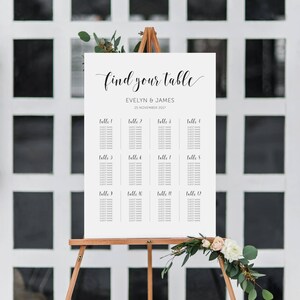 May include: A white wedding seating chart with black text. The chart is titled "Find Your Table" and includes the names Evelyn & James and the date 25 November 2017. The chart lists table numbers and guest names.