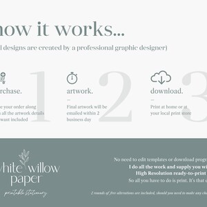 K&ouml;nnte beinhalten: Eine Grafik, die die drei Schritte zum Kauf von druckbarem Briefpapier zeigt: Kauf, Grafik und Download. Der Text "how it works..." befindet sich oben im Bild. Der Text "(All designs are created by a professional graphic designer)" befindet sich unter der &Uuml;berschrift. Der Text "white willow paper" befindet sich unten im Bild. Der Text "printable stationery" befindet sich unter dem Firmennamen.