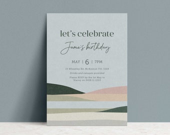 Modern Birthday Invite, Male Invitation, Abstract, Modern Birthday Invite, landscape, Pastel, Digital file, Printable #170