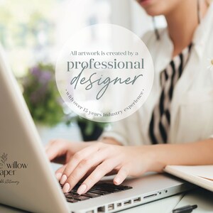 May include: A woman is working on a laptop computer with a white background. The text "All artwork is created by a professional designer. With over 15 years industry experience." is in a circle in the centre of the image. The text "white willow paper printable stationery" is in the bottom left corner of the image.