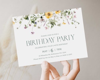 Invitación de cumpleaños de flores silvestres, invitación de cumpleaños floral de primavera, invitación de cumpleaños, plantilla digital imprimible #0205