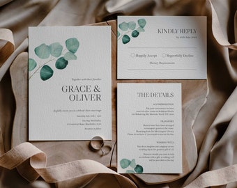 Eucalyptus Wedding Invitation Set, Native, Eucalyptus Invitation, Wedding suite, Digital file, Printable #0020