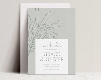 Olive Green Save the Date, Modern, Olive leaf, Sage, floral, minimal, simple, digital invitation