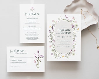 Wildflower Wedding Invitation suite, Wedding Suite, Floral wedding set, Printable, #0254