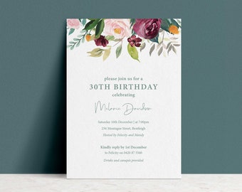 30th floral Birthday Invite, pastel flower invitation, Modern Birthday Invite, Digital file, Printable #82