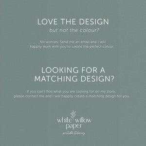 Puede incluir: Gr&aacute;fico digital con texto sobre un fondo verde apagado. El texto dice: "&iquest;AMA EL DISE&Ntilde;O pero no el color?" y "&iquest;BUSCAS UN DISE&Ntilde;O A JUEGO?" El gr&aacute;fico tambi&eacute;n incluye las palabras "white willow paper printable stationery".